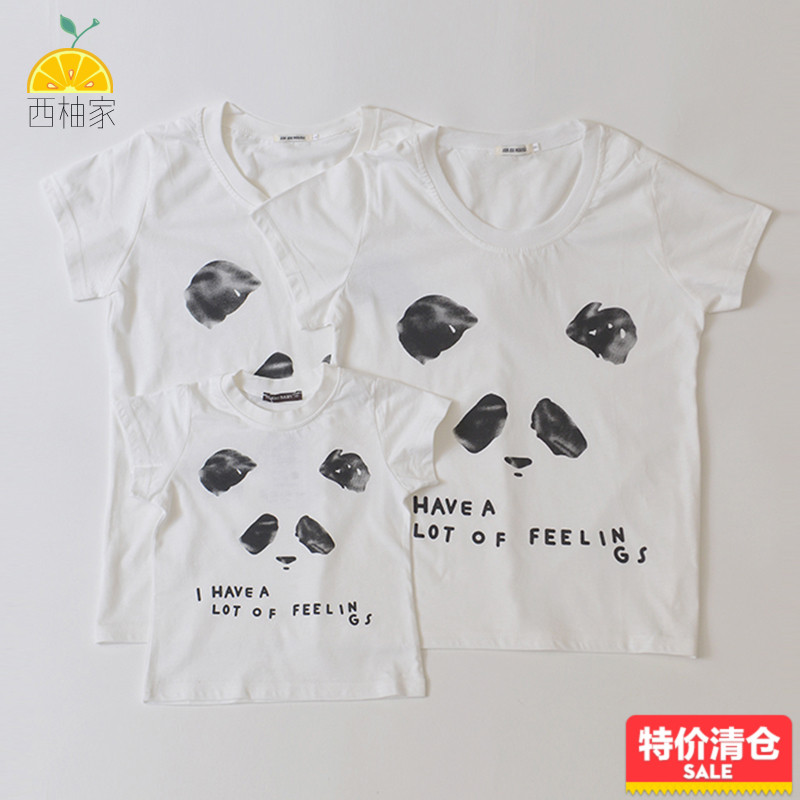 亲子装夏装2016三口卡通熊猫图男女童夏季纯棉短袖上衣T恤全家装