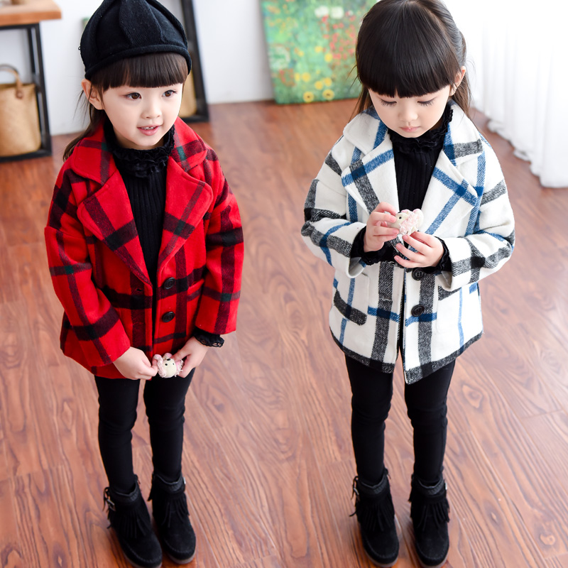 女童秋冬外套2015新款韩版宝宝儿童格子毛呢外衣冬款时尚上衣大衣