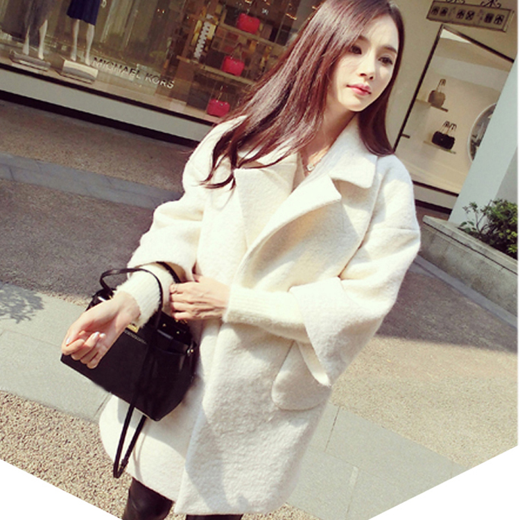 2015秋冬毛呢外套韩版宽松加厚茧型显瘦白色羊毛呢子大衣女中长款