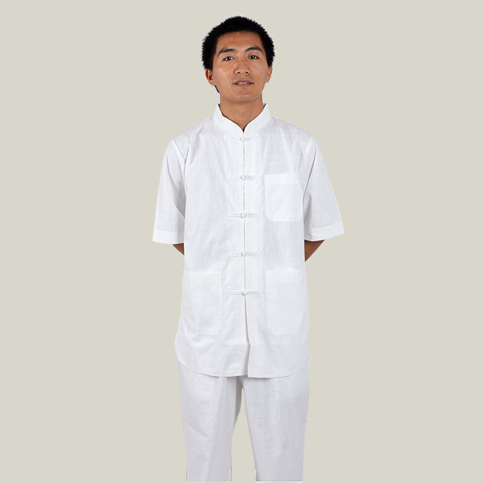 中式民族服 男居士禅修服唐装中山装 白色短袖棉麻盘扣布扣套装