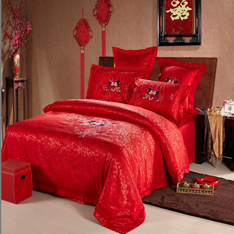 依尚富安娜全棉婚庆四件套大红贡缎新婚床上用品结婚床品提花刺绣