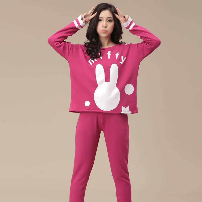 秋冬新款韩版可爱动物卡通不倒绒兔子睡衣女人加厚居家服两件套装