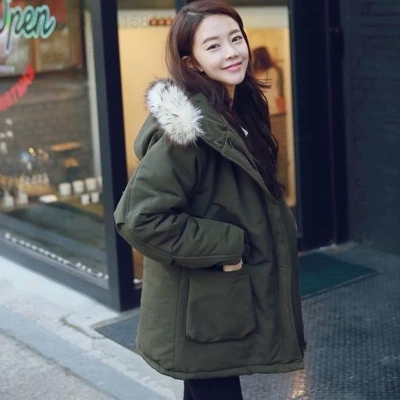 2015冬季新款韩国代购宽松连帽毛领加厚军绿色棉衣外套女