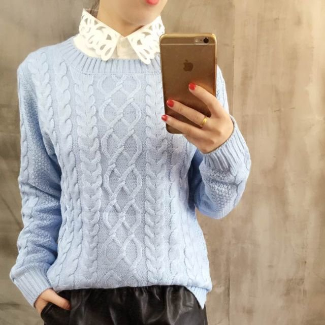 2015秋季新款韩版套头毛衣女修身版菱形格套头针织衫长袖 学生装