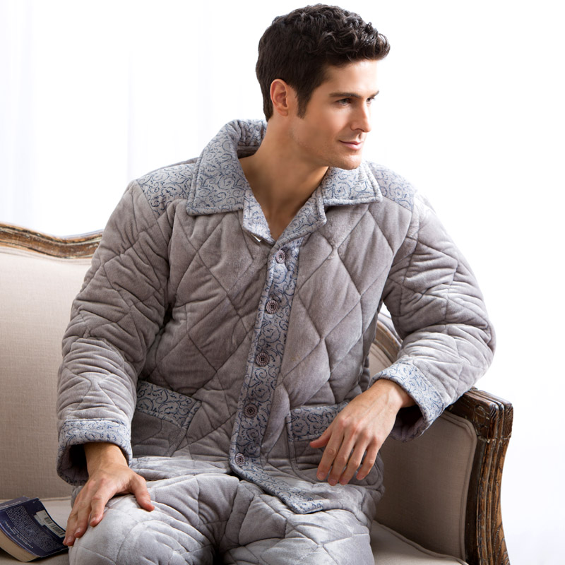 冬季三层加厚珊瑚绒夹棉睡衣男士长袖冬天加绒棉袄冬款家居服套装