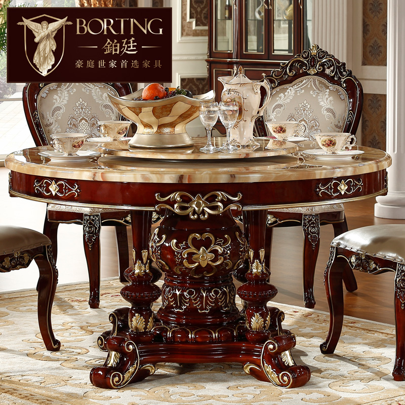 欧式大理石餐桌圆桌 美式全实木餐桌椅组合6人小户型新古典饭桌