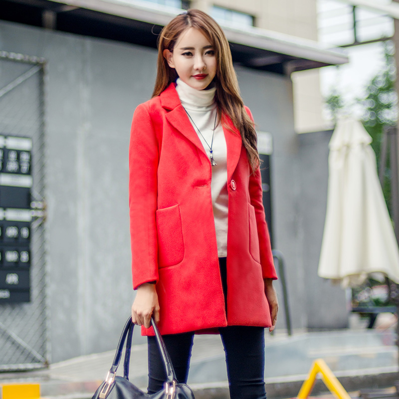 2016秋装新款韩版修身显瘦时尚一粒扣中长款毛呢大衣西装外套女
