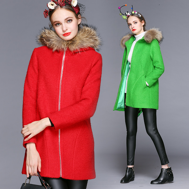 5欧洲站2015冬季新款高档毛呢羊绒大衣连帽中长款外套女装6083