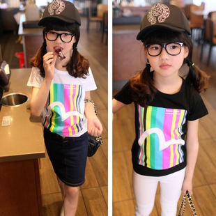 2015女童夏装新款 韩版时尚彩条宝宝上衣儿童短袖T恤打底衫