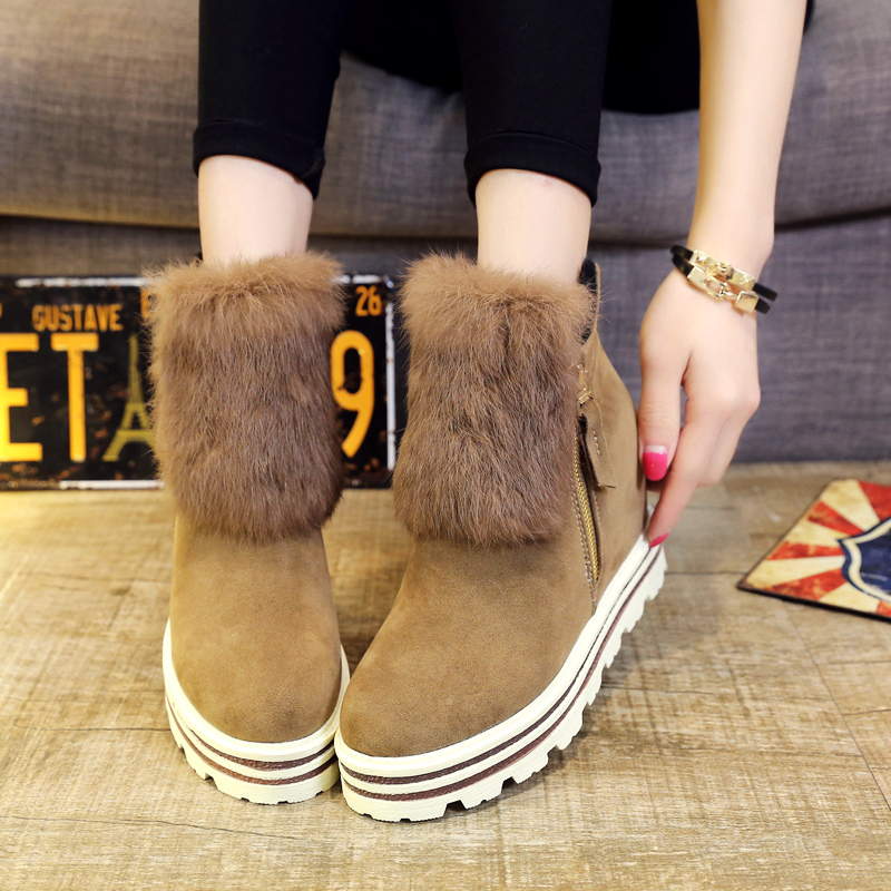 冬季雪地靴隐形5cm内增高厚底坡跟棉鞋圆头侧拉链加绒短筒靴女鞋