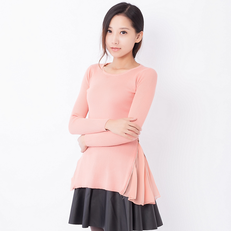2014年秋装新款 甜美日系女装甜美日系撞色修身雪纺拼接针织衫