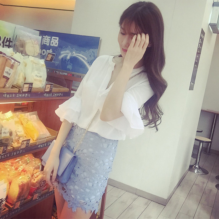 2015夏装新款韩版修身V领喇叭袖雪纺上衣蕾丝短裙半身裙女两件套