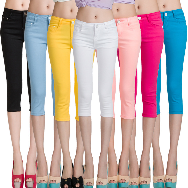 2015新款韩版显瘦女式夏季弹力彩色七分裤小脚铅笔休闲裤220g包邮