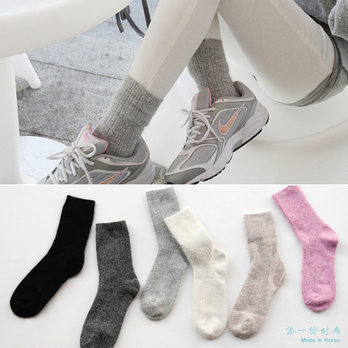 韩国正品袜子代购简约纯色竖条纹冬季加厚保暖中筒袜羊绒堆堆袜女
