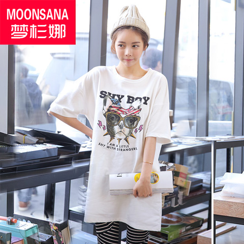 2015夏季韩范T恤女短袖 大码宽松女式半袖中长款女卡通印花体恤棉