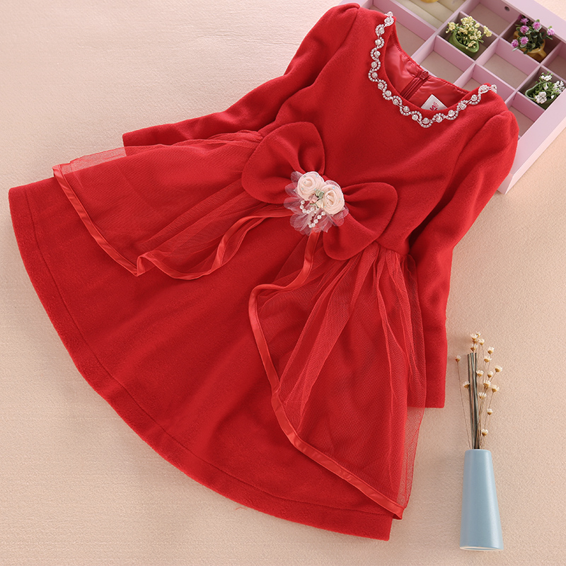 童装女童公主裙儿童红色长袖连衣裙韩版加绒加厚毛呢秋冬款裙子