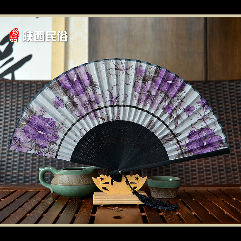 折扇 真丝牡丹扇 女士日用扇子中国风折叠扇 古典绢扇 竹扇定制