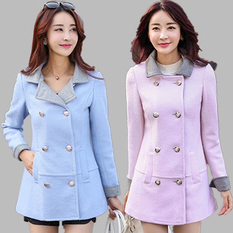 2015冬装新款韩版中长款粉色加厚茧形羊毛呢外套女大衣呢子外套潮