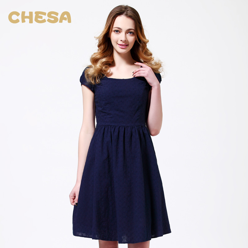 CHESA出口欧美 显瘦修身纯棉蓝色短袖连衣裙镂空花时尚圆领连衣裙