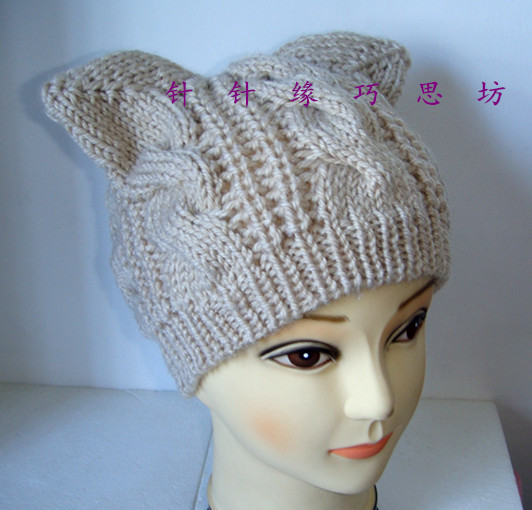 纯手工编织全羊毛冬天保暖花猫猫耳朵绒线帽子