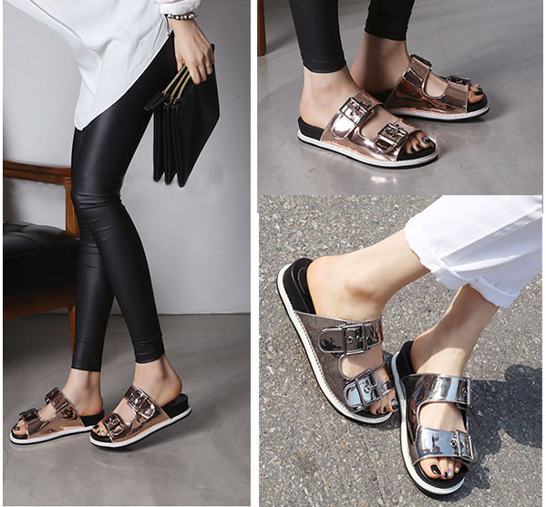 2015夏季韩版新款皮带扣女拖鞋 韩版沙滩金属色拖鞋