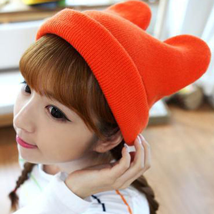 韩国代购包邮棕色针织帽可爱角毛线帽 恶魔角猫耳朵针织毛线帽子