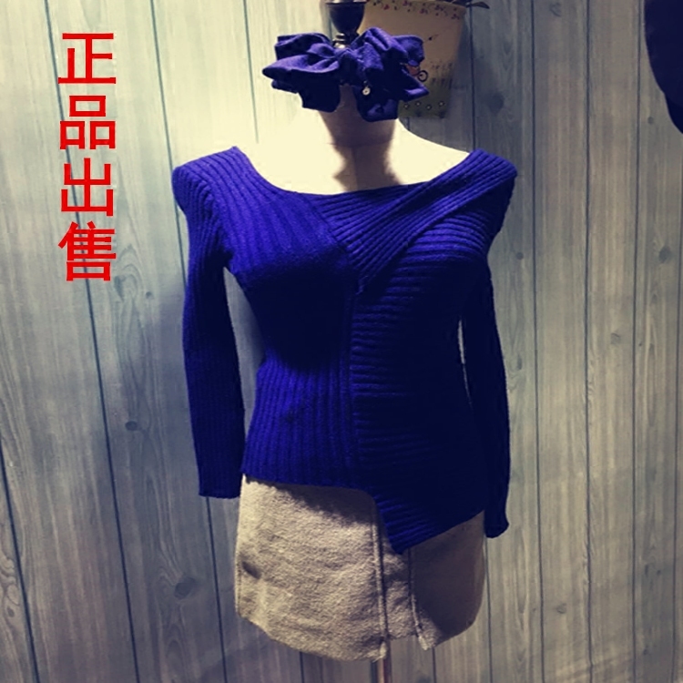 2015韩版冬新品套头羊毛绒不对称设计露肩加厚毛衣针织衫打底衫女