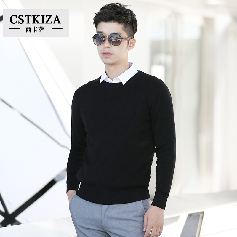 西卡萨2015新款男士100%纯羊毛衫圆领韩版修身休闲纯色毛衣针织衫