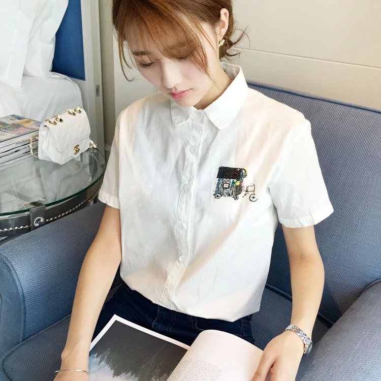 2016秋装新款韩版纯色长袖衬衫 印花棉衬衫修身学生文艺白衬衣女