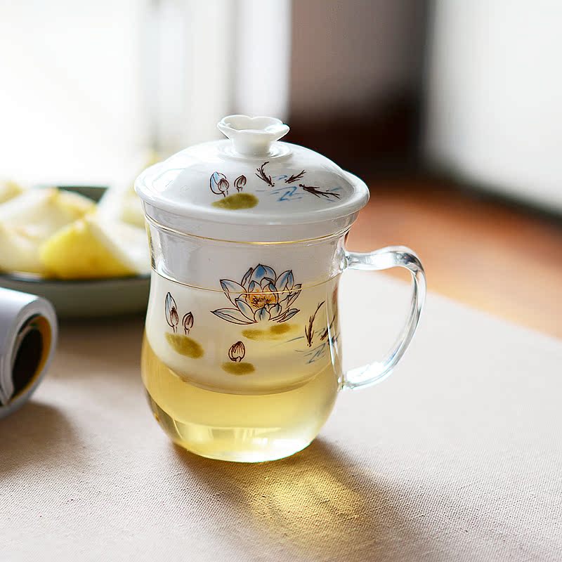 耐热办公室茶具杯陶瓷过滤茶漏水杯普洱花茶杯泡茶杯带盖玻璃杯子