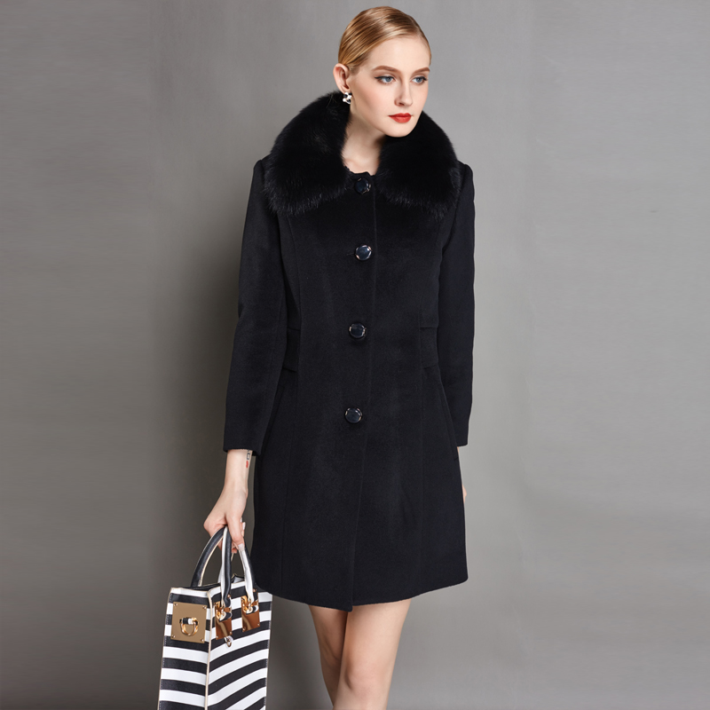 2015新款冬装尼克服女羊毛内胆羊绒毛呢大衣修身长款皮草外套女