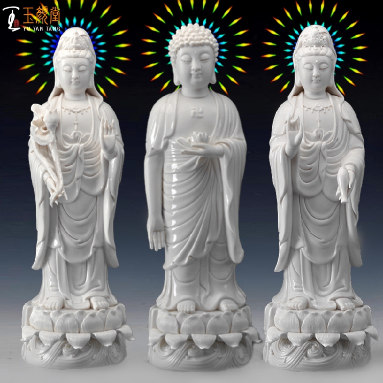 西方三圣陶瓷佛像摆件 立莲阿弥陀佛观音菩萨大势至菩萨 德化白瓷