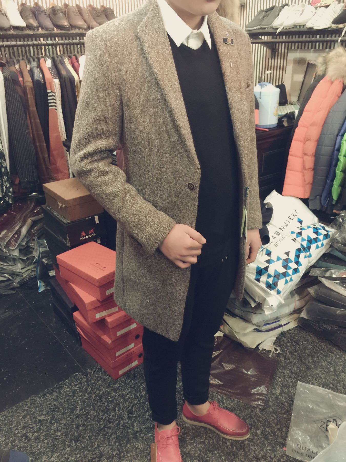 荧素INBY 韩版修身英伦风格烟灰色男士呢子风衣 男款中长款外套