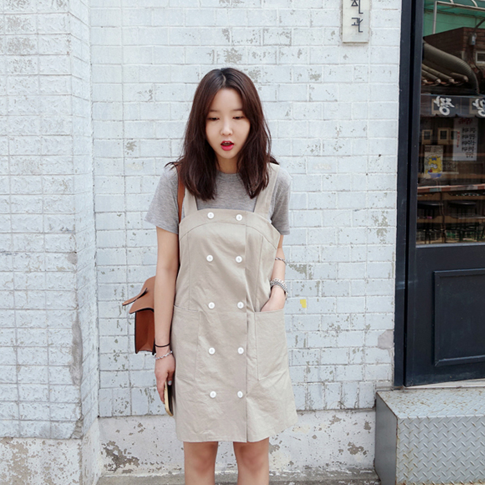 2016夏装韩版a型双排扣背带连衣裙女中长款无袖背心裙折扣优惠信息