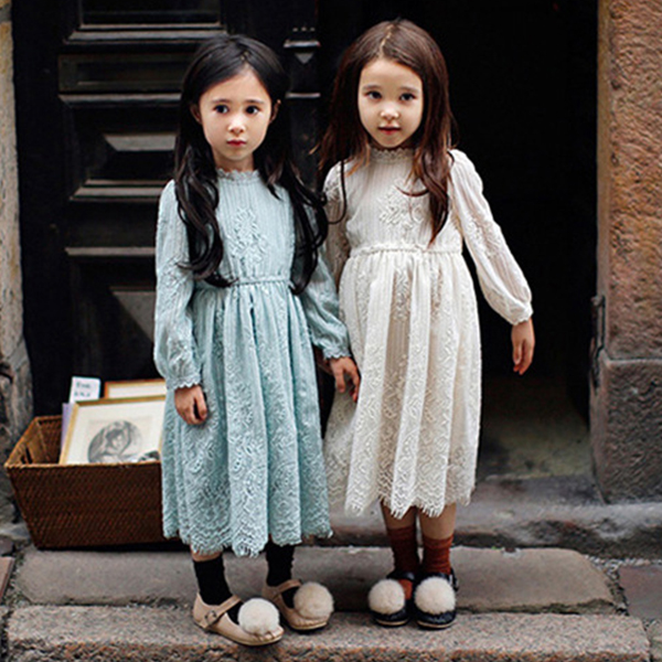 韩国童装2016春季女童蕾丝连衣裙宝宝长款长袖圆领长裙子儿童裙装