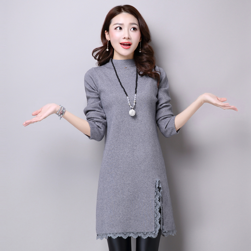 新款冬季女装韩版中长款蕾丝下摆开叉针织衫半高领打底衫大码毛衣