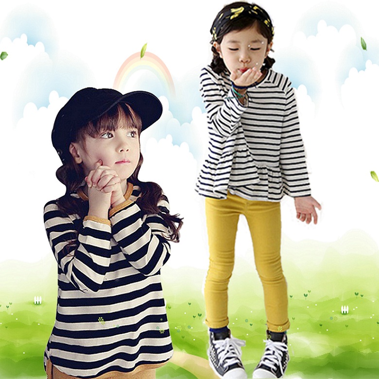 韩版最新春秋款童装 黑白条纹圆领长袖女童两件套 时尚套装折扣优惠信息