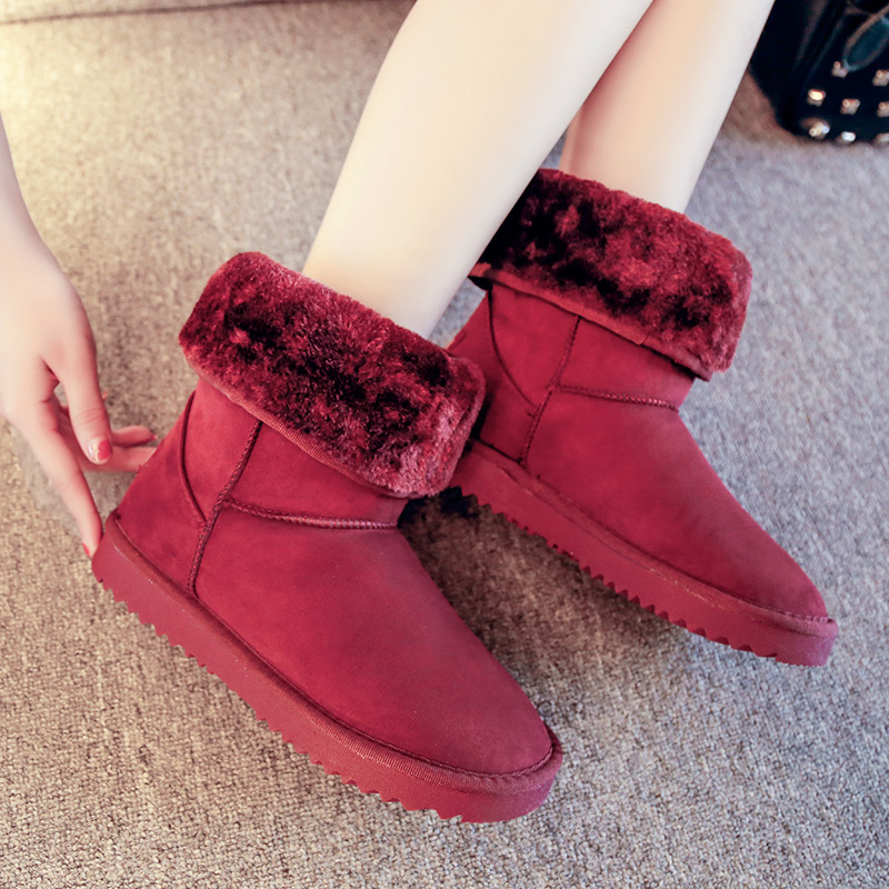 人本2015冬季新款雪地靴女中筒加厚保暖韩版酒红色套筒棉靴子包邮