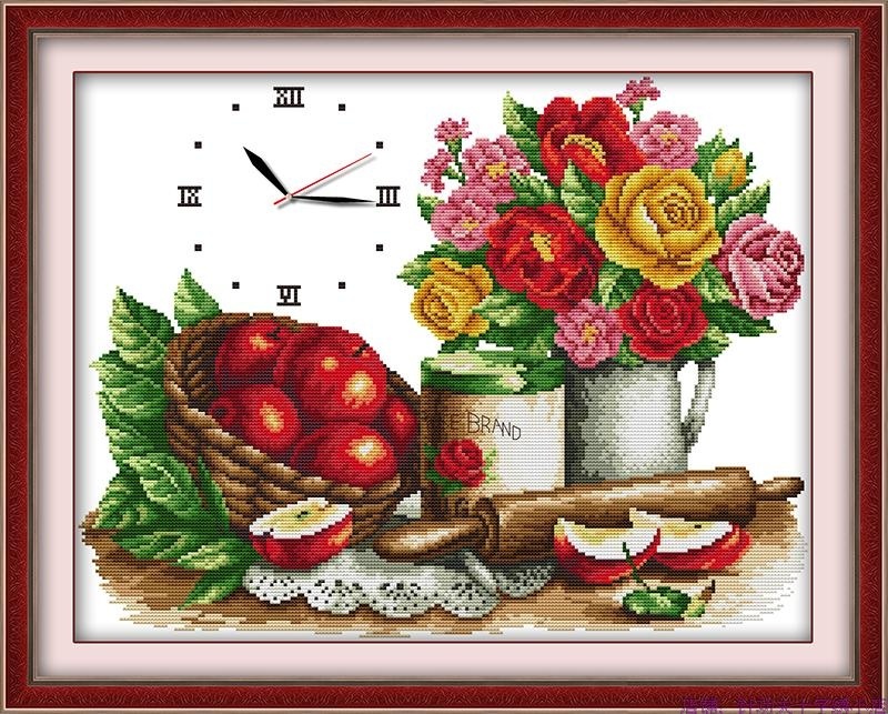 鲜花水果印花朵十字绣套件温馨餐厅欧式结婚儿童挂画钟表个性花语