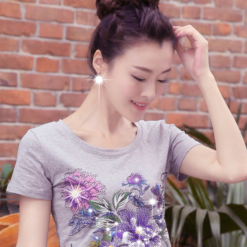 2015韩版女装夏装上衣新品短袖T恤女 棉修身体恤夏天印花小衫圆领