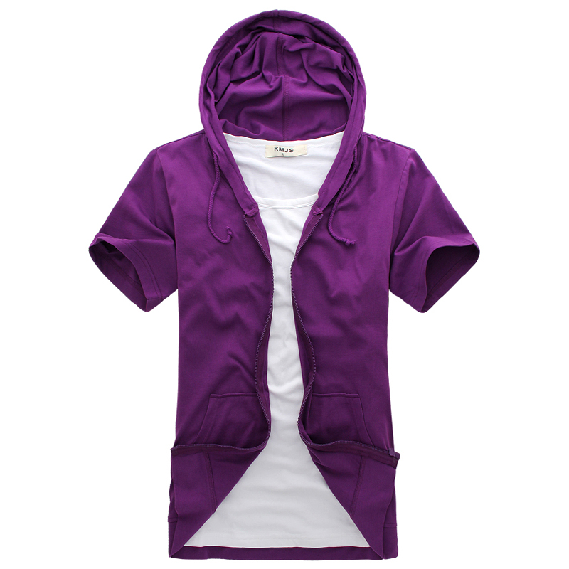 2015春夏新款男士韩版连帽10色时尚休闲短袖T恤紫色半袖纯色潮折扣优惠信息