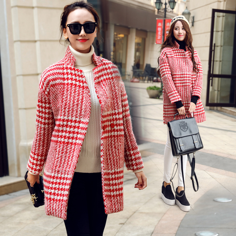 2015冬装新款七分袖中长款加厚外套 韩版修身红格子大衣女