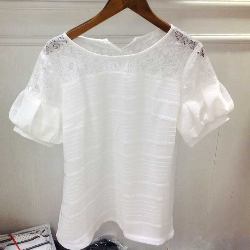 2015欧洲站夏装新款时尚白色蕾丝衫女装韩版欧韩货欧根纱露背上衣