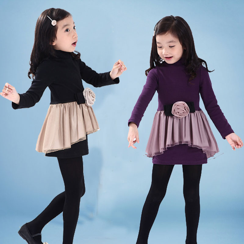 2015童装新款女童冬装连衣裙儿童韩版长袖加绒厚公主裙修身打底裙