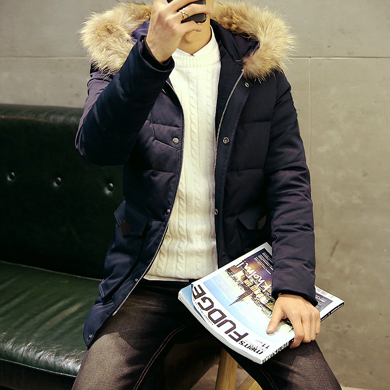 2015冬新款韩版修身男士加厚羽绒服潮男羽绒衣连帽中长款外套男装折扣优惠信息