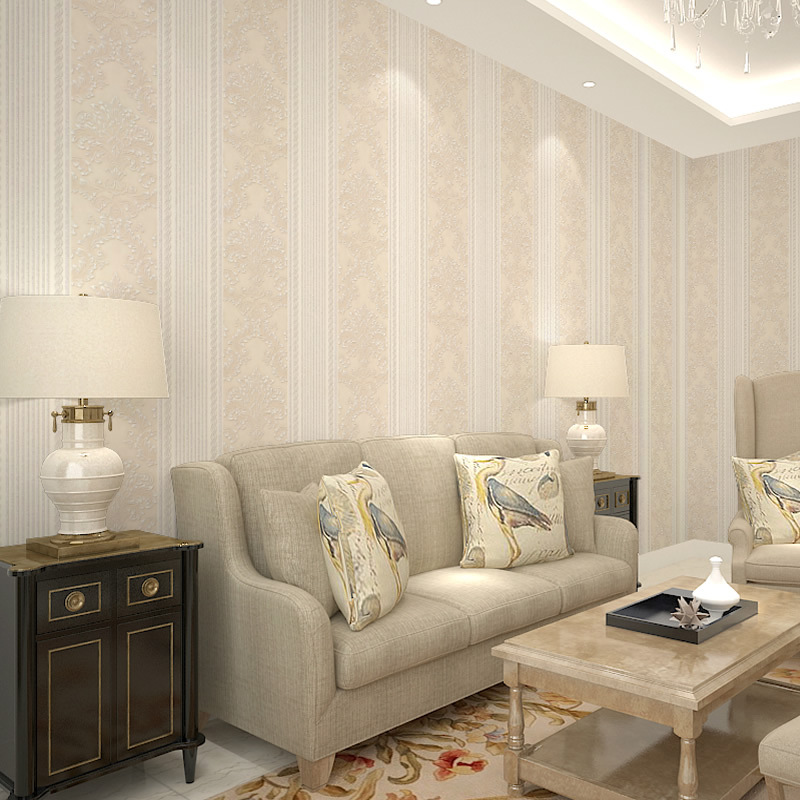 3D无纺布墙纸 欧式大气条纹大马士革 淡绿浅黄色 客厅卧室满铺WH