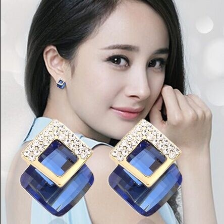 韩国韩版新款超闪钻气质奢华水晶防过敏耳钉女 方形耳环耳饰批发