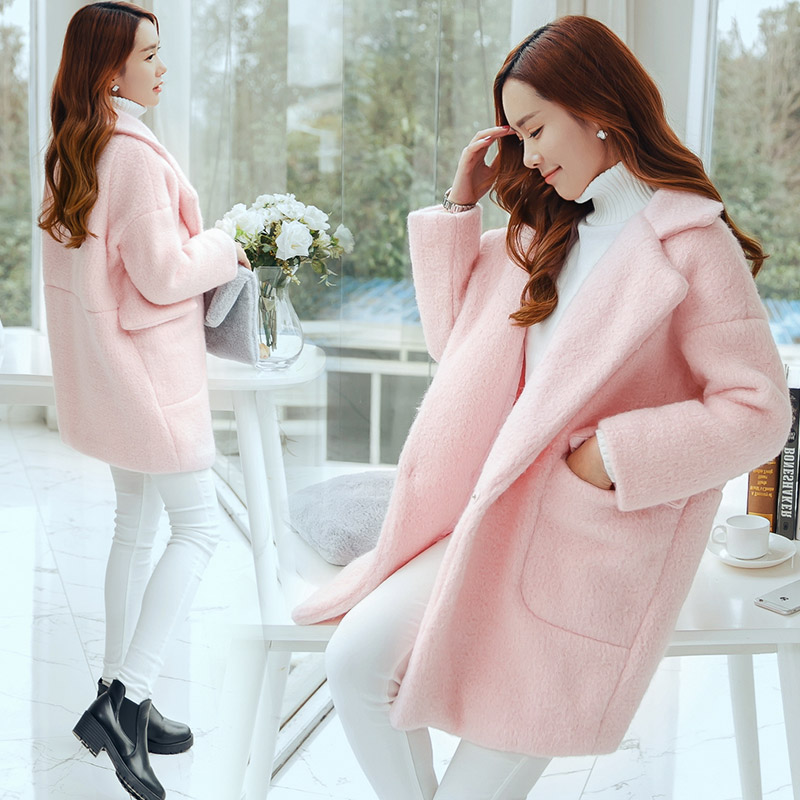 2015秋冬新款粉色中长款女子茧型毛呢外套宽松呢子大衣加厚女装