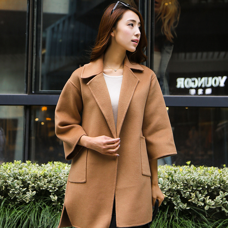 2015秋季新款毛呢外套 女中长款双面呢羊绒大衣 韩版修身加厚修身