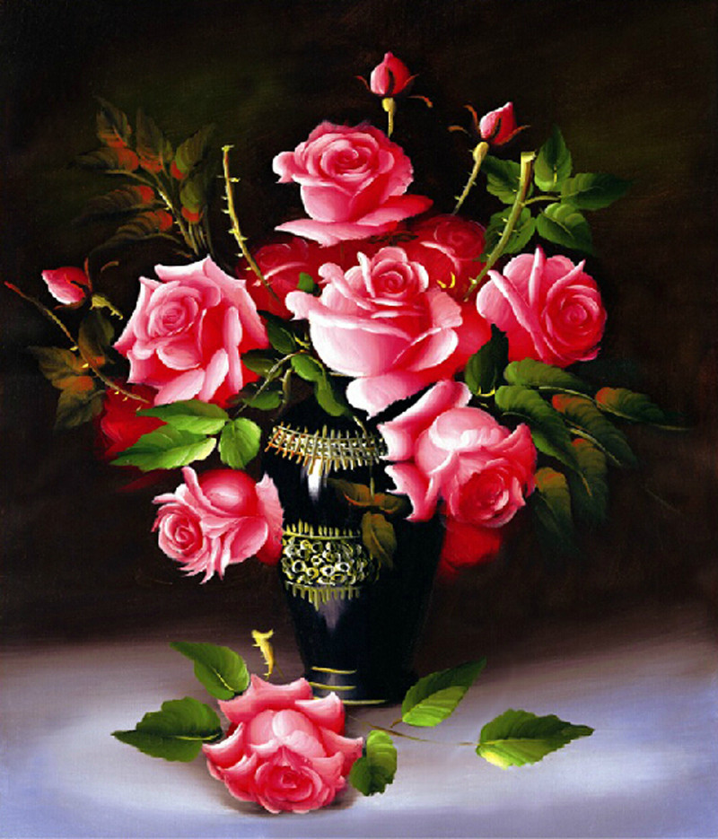 花瓶玫瑰欧式油画风格卧室走廊系列十字绣结婚喜庆款风景花草清新